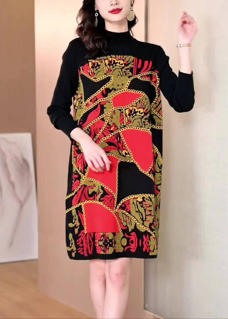 Red Print Patchwork Cotton Knit Mid Dress Winter
