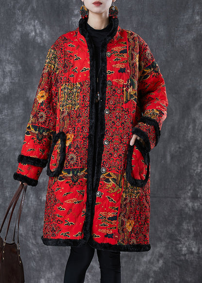 Red Print Patchwork Warm Fleece Trench Winter