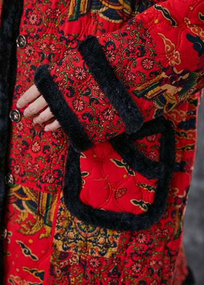 Red Print Patchwork Warm Fleece Trench Winter