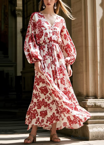 Red Print Tie Waist Chiffon Robe Dresses Spring