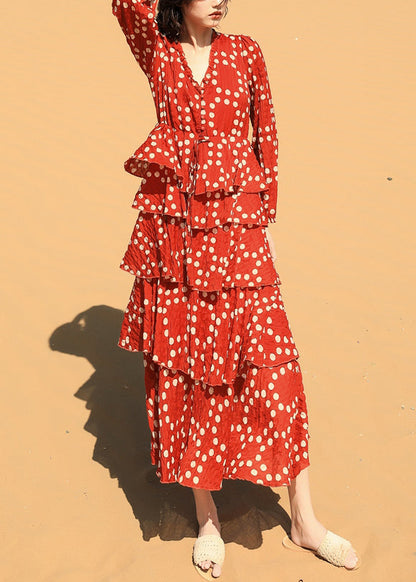 Red Ruffled Dot Chiffon Long Dresses Spring