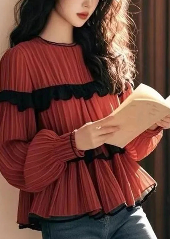 Red Ruffled Patchwork Chiffon Shirts Fall