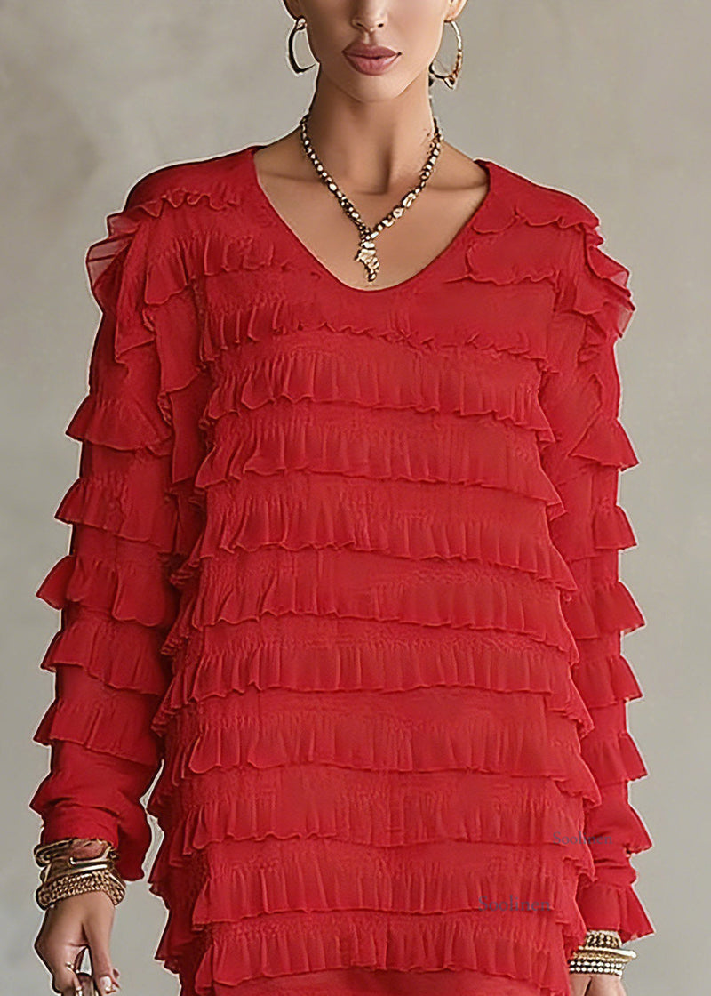 Red Ruffled Patchwork Chiffon Top Spring