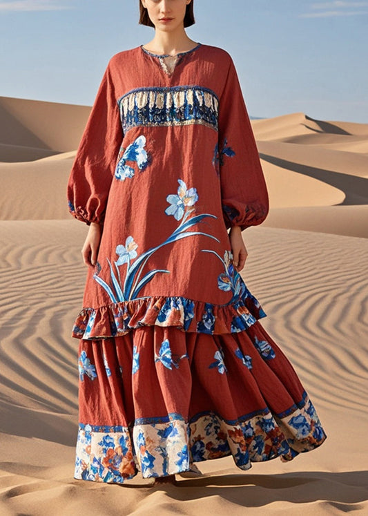 Red Ruffled Patchwork Print Cotton Holiday Dress Spring