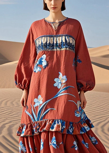 Red Ruffled Patchwork Print Cotton Holiday Dress Spring