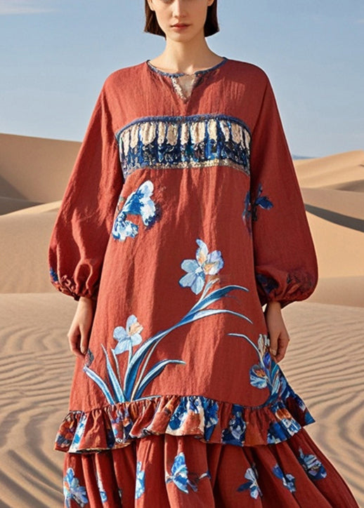 Red Ruffled Patchwork Print Cotton Holiday Dress Spring