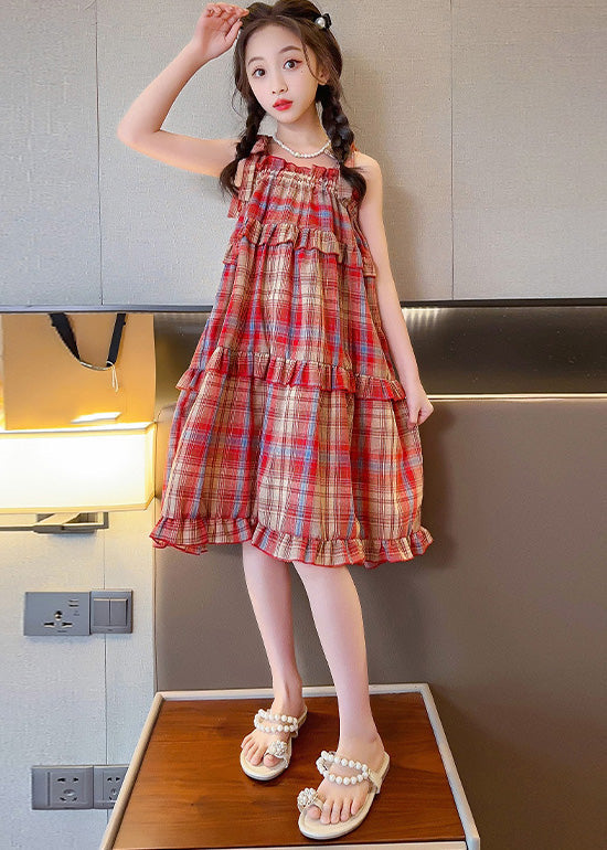 Red Slash Neck Ruffled Plaid Patchwork Slip Long Dress Summer