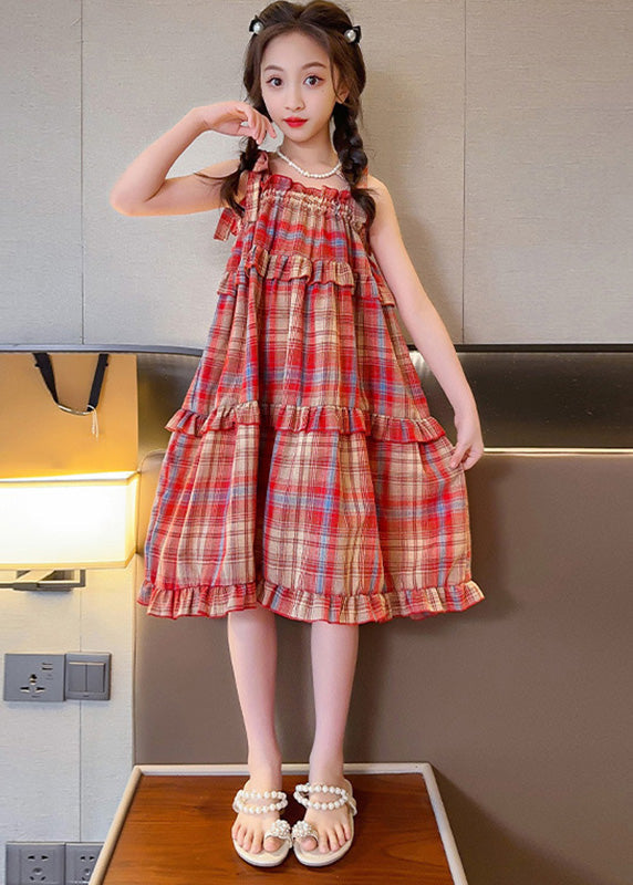 Red Slash Neck Ruffled Plaid Patchwork Slip Long Dress Summer