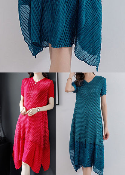 Red Color V Neck Wrinkled Silk Long Dress Short Sleeve
