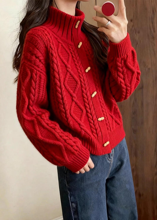 Red Stand Collar Cable Knit Cardigan Winter
