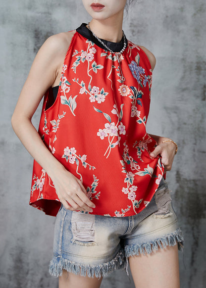 Red Stand Collar Print Tops Sleeveless