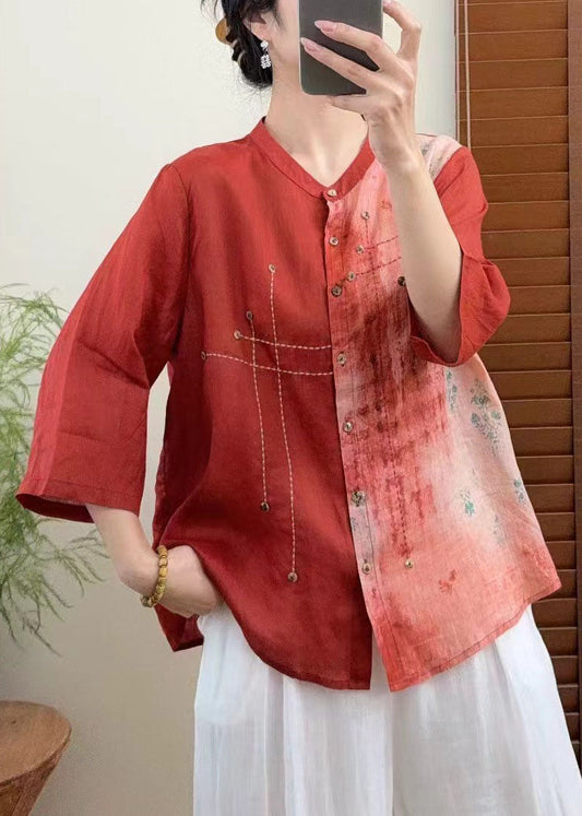 Red Stand Collar Tie Dye Patchwork Linen Shirt Bracelet Sleeve