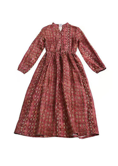 Red Stand Collar Drawstring Print Linen Dress Long Sleeve