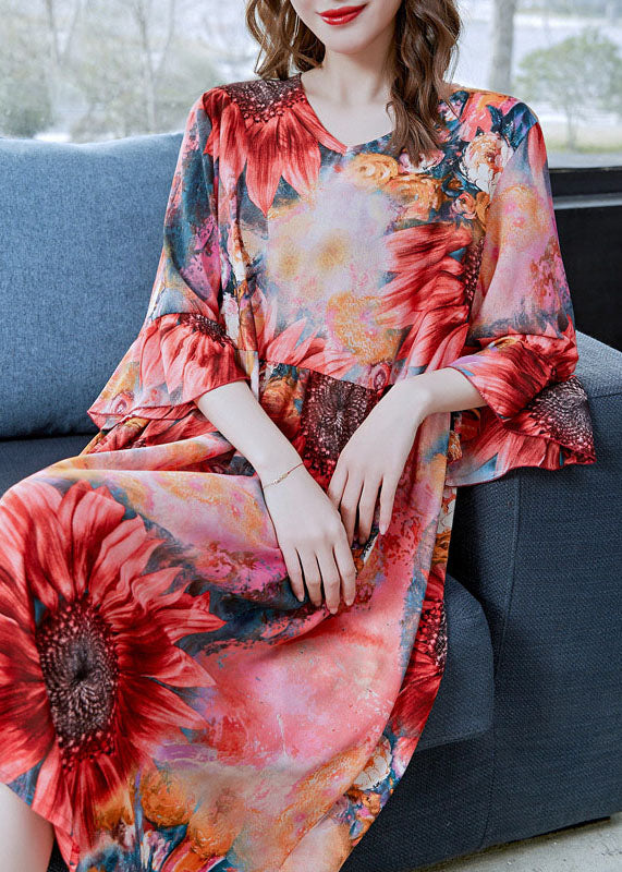 Red the Sunflowers Print Patchwork Chiffon Dresses Butterfly Sleeve