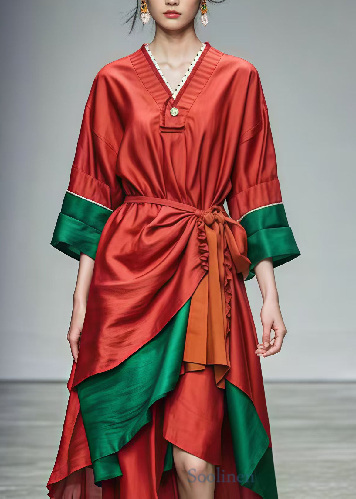 Red Tie Waist Patchwork Cotton Holiday Dresses Summer