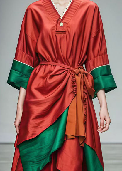 Red Tie Waist Patchwork Cotton Holiday Dresses Summer