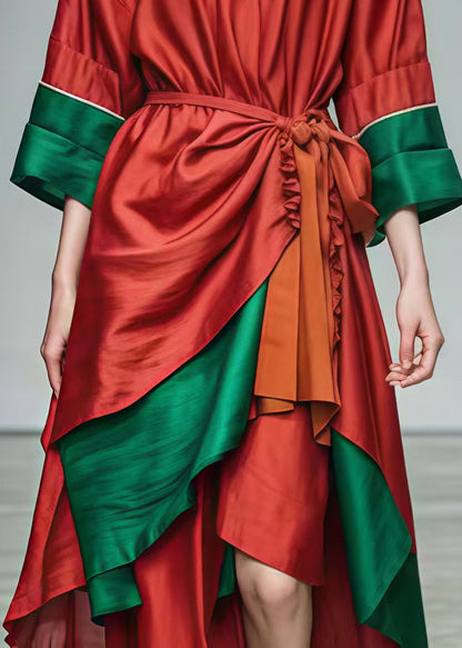 Red Tie Waist Patchwork Cotton Holiday Dresses Summer