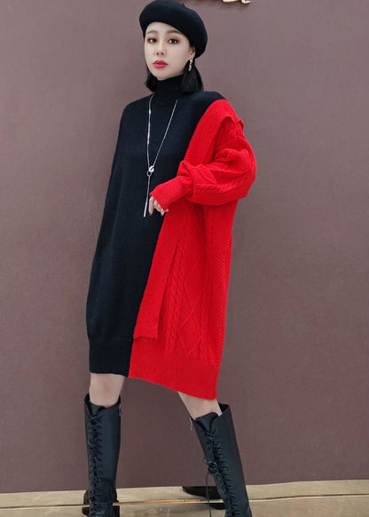 Red Turtle Neck Patchwork Knitwear Dress Winter