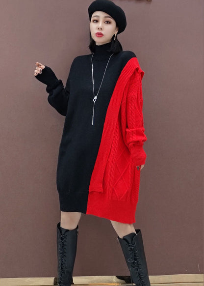 Red Turtle Neck Patchwork Knitwear Dress Winter
