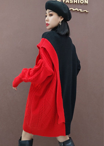 Red Turtle Neck Patchwork Knitwear Dress Winter