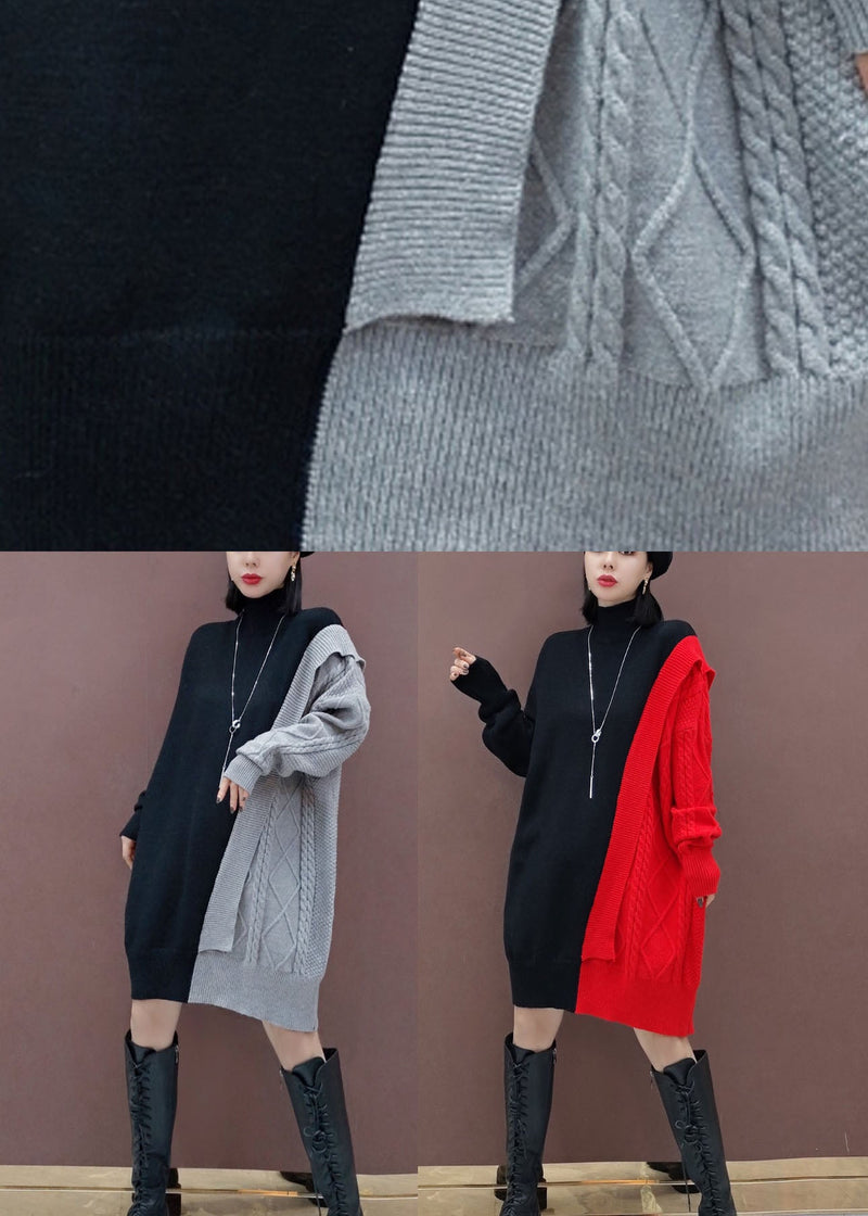 Red Turtle Neck Patchwork Knitwear Dress Winter