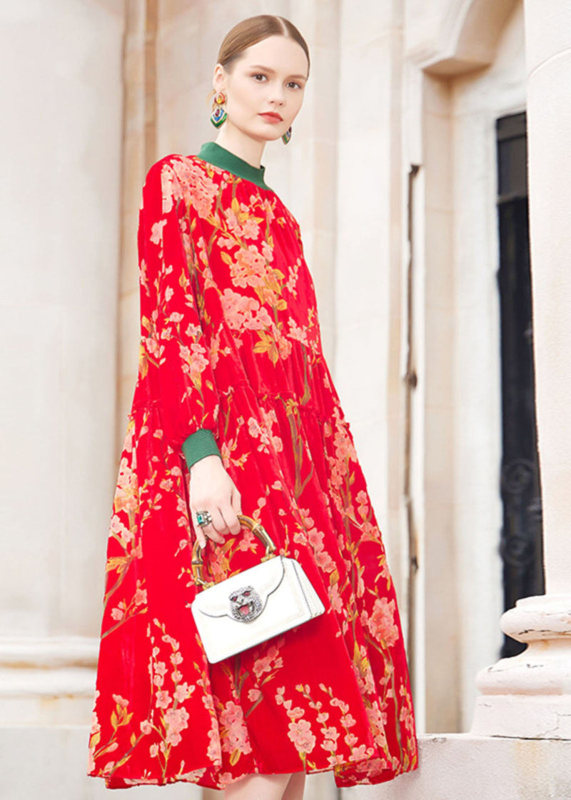 Red Turtleneck Jacquard Patchwork Wrinkled Silk Velour Maxi Dresses Fall