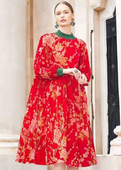 Red Turtleneck Jacquard Patchwork Wrinkled Silk Velour Maxi Dresses Fall