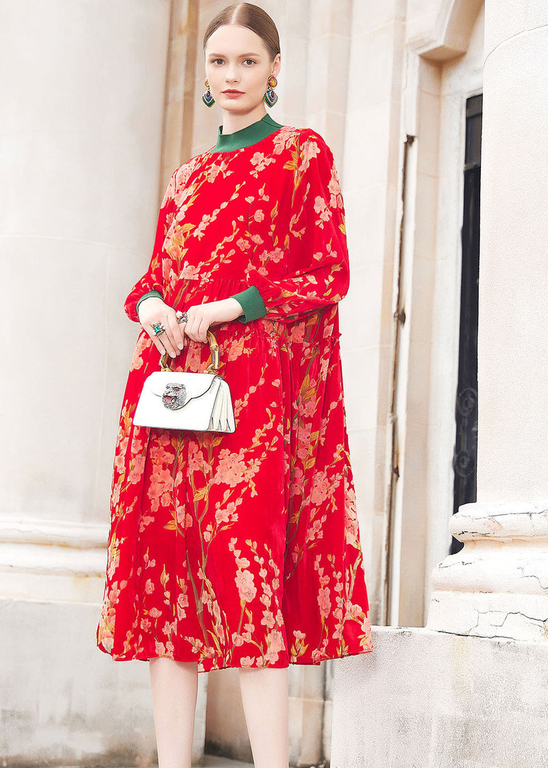 Red Turtleneck Jacquard Patchwork Wrinkled Silk Velour Maxi Dresses Fall
