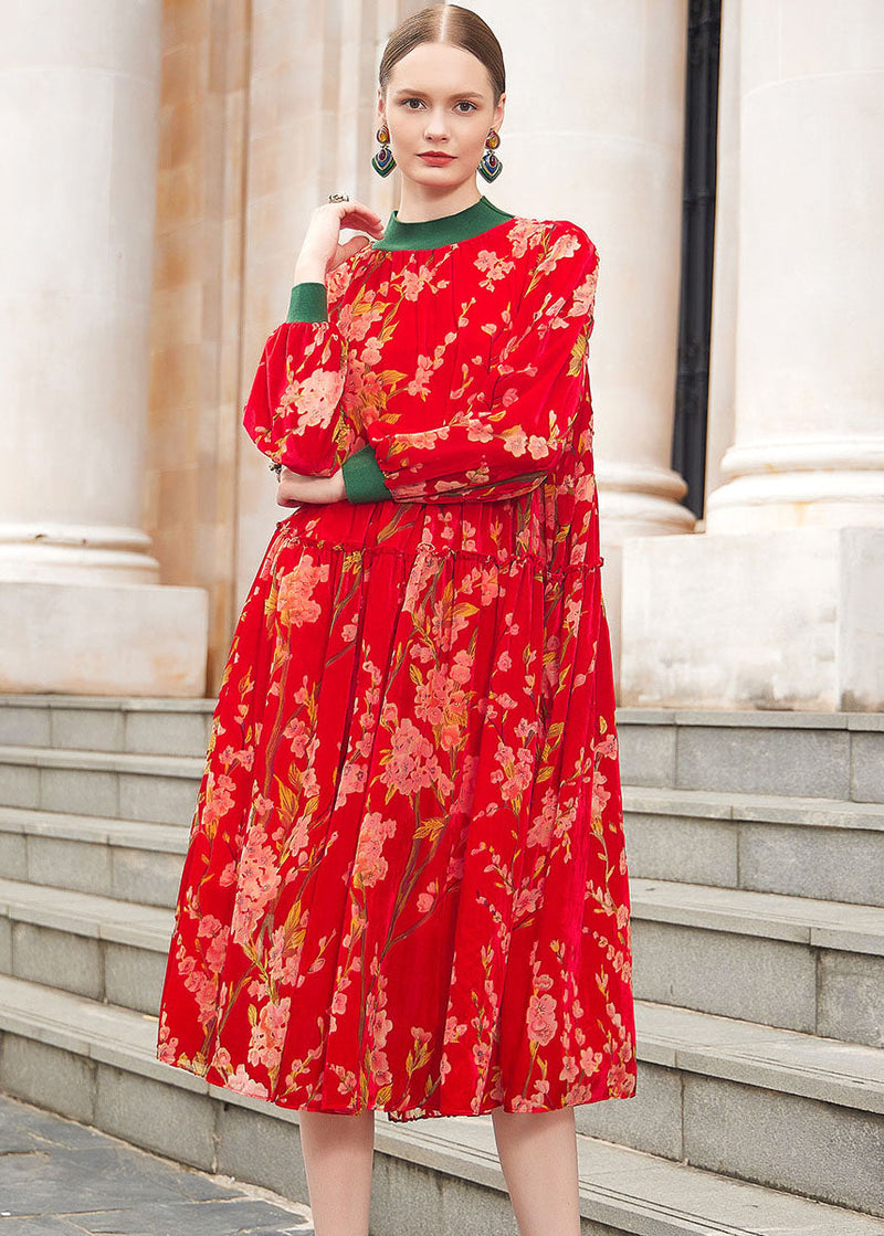 Red Turtleneck Jacquard Patchwork Wrinkled Silk Velour Maxi Dresses Fall