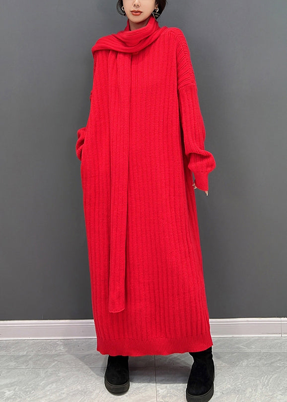 Red Turtleneck Knit Ankle Dress Fall