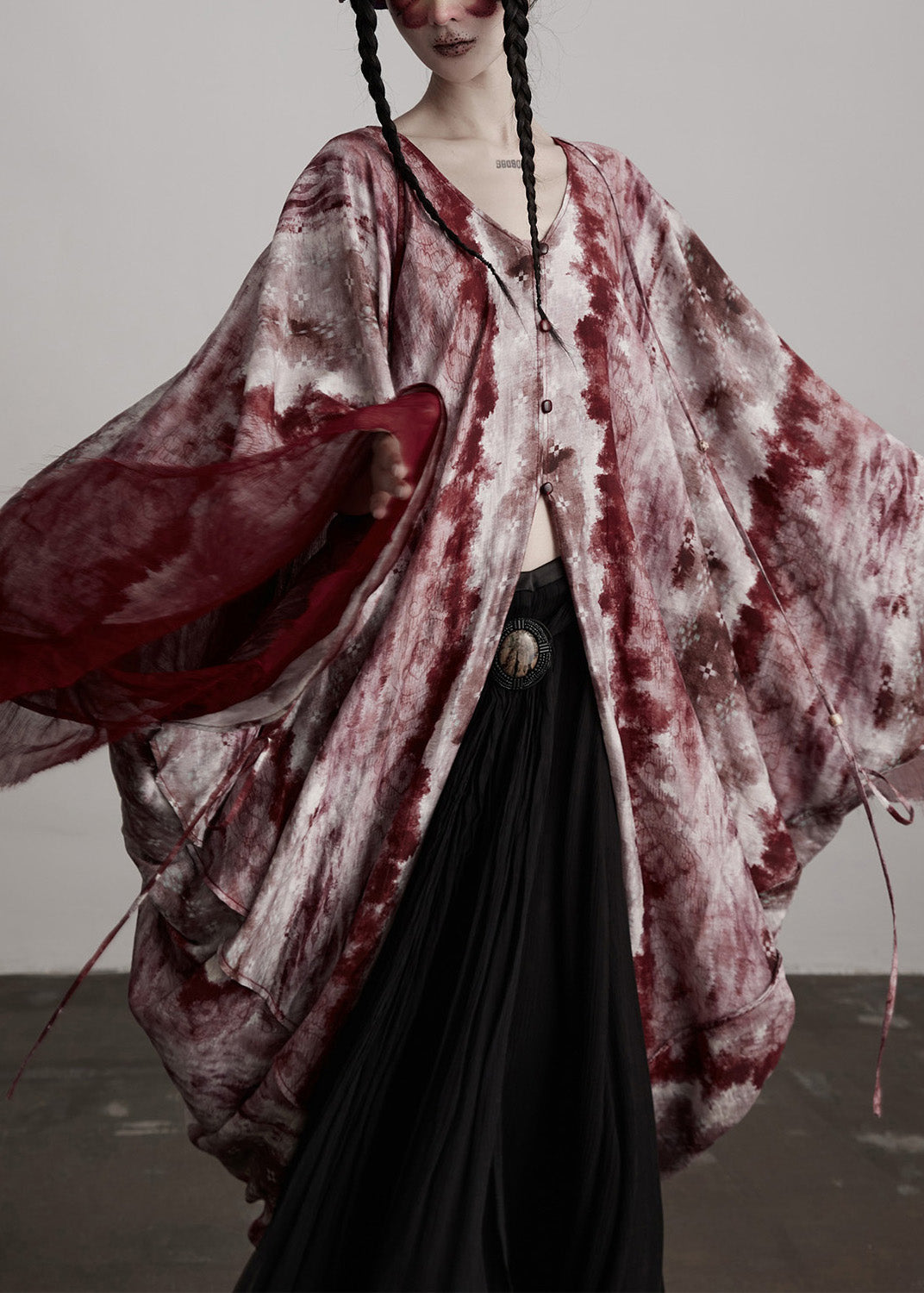 Red V Neck Asymmetrical Design Silk Cardigan Batwing Sleeve