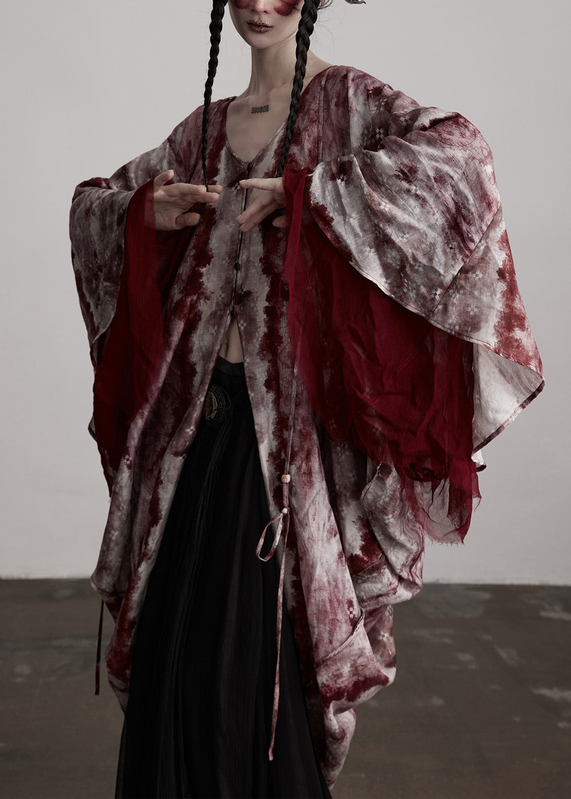 Red V Neck Asymmetrical Design Silk Cardigan Batwing Sleeve