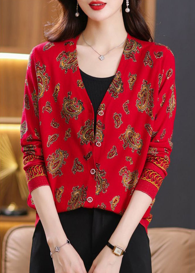 Red V Neck Button Print Wool Knit Cardigan Spring
