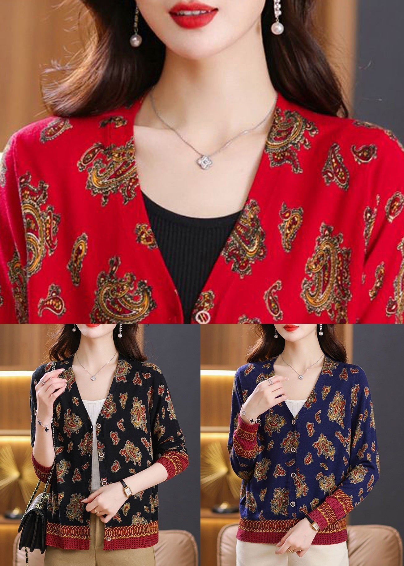 Red V Neck Button Print Wool Knit Cardigan Spring