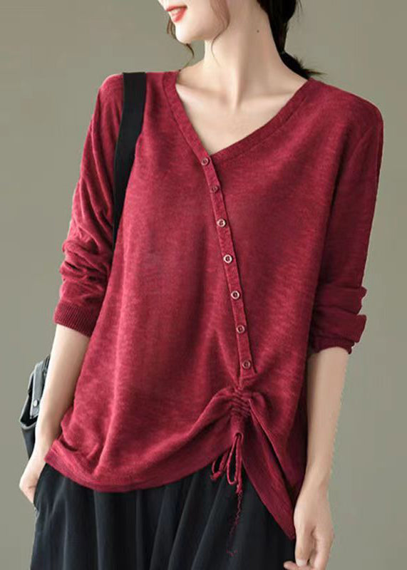 Red V Neck Drawstring Patchwork Knitting Top Fall