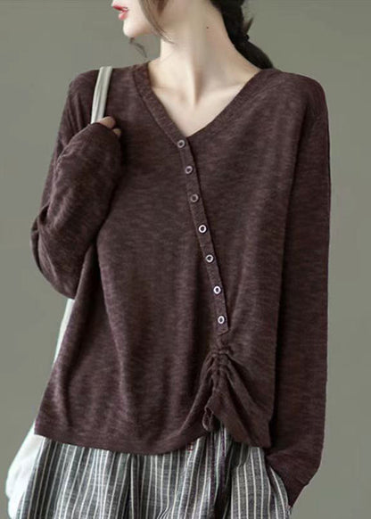 Red V Neck Drawstring Patchwork Knitting Top Fall