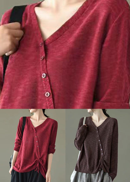 Red V Neck Drawstring Patchwork Knitting Top Fall