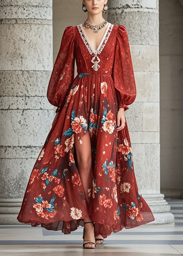 Red V Neck Chiffon Dresses Fall