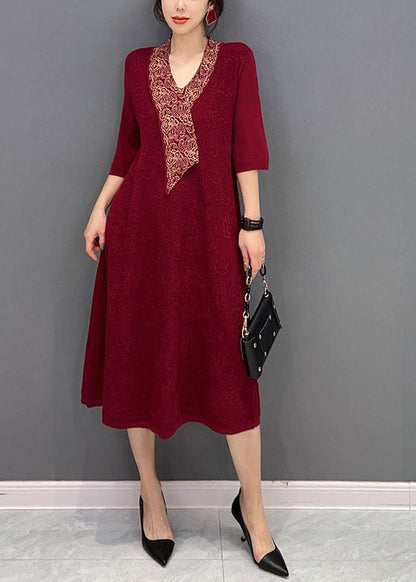 Red V Neck Jacquard Slim Fit Cotton Holiday Dress Half Sleeve