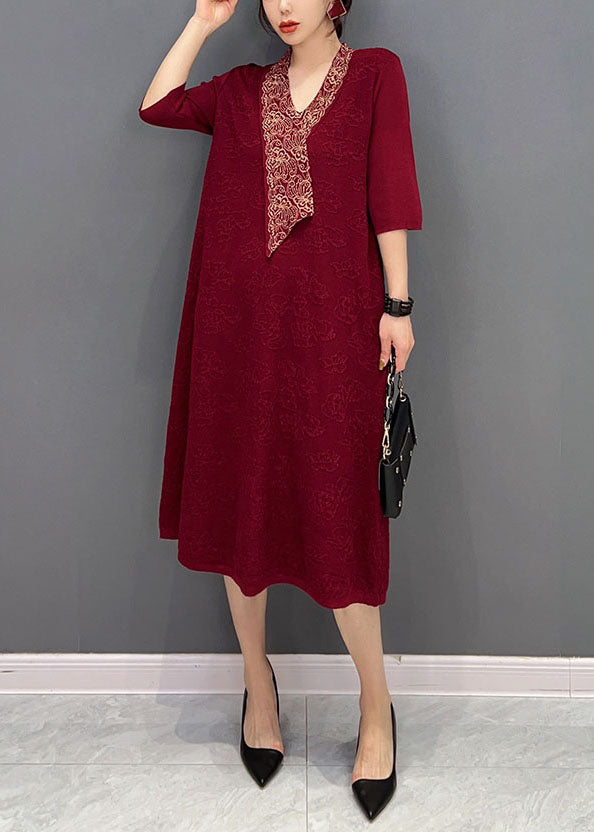 Red V Neck Jacquard Slim Fit Cotton Holiday Dress Half Sleeve