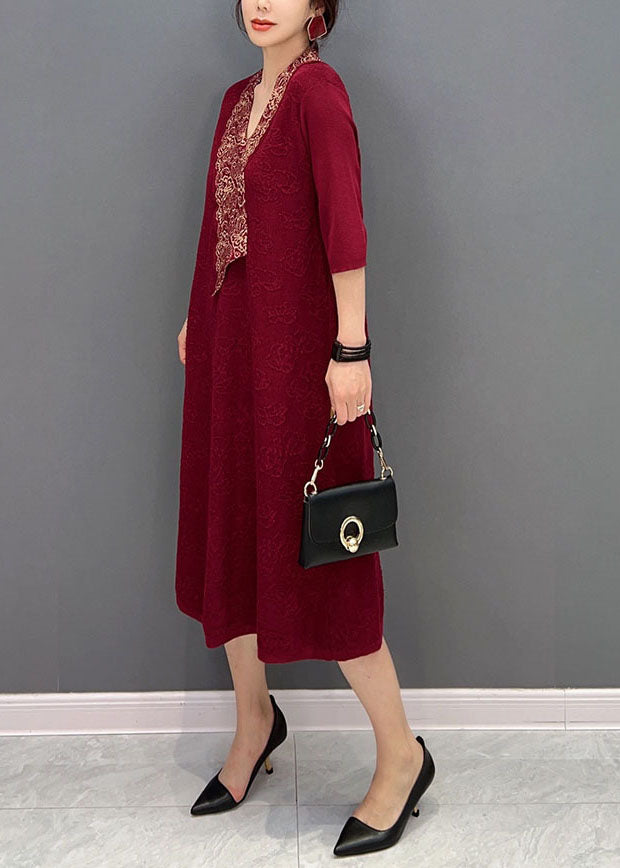 Red V Neck Jacquard Slim Fit Cotton Holiday Dress Half Sleeve