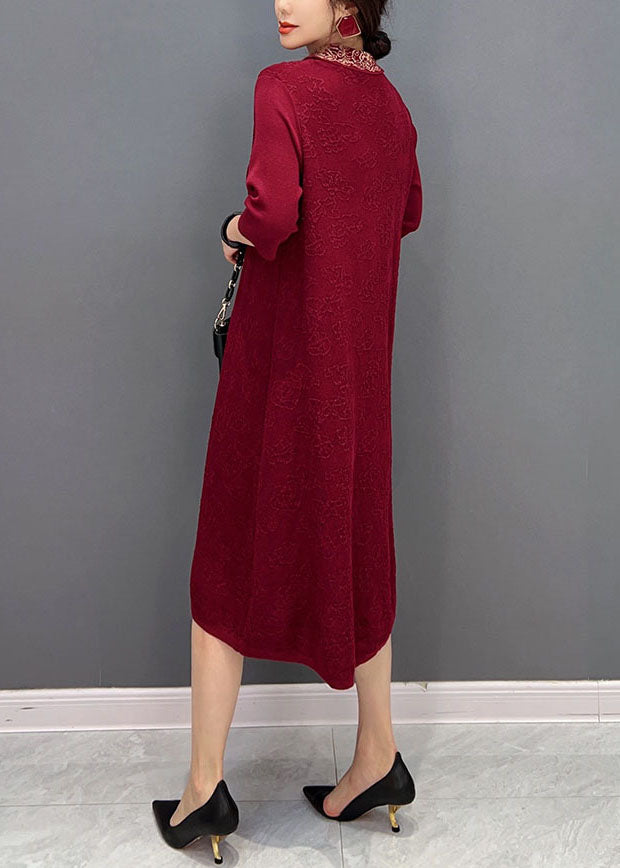 Red V Neck Jacquard Slim Fit Cotton Holiday Dress Half Sleeve