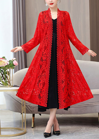 Red V Neck Long Lace Sunscreen Cardigan Summer