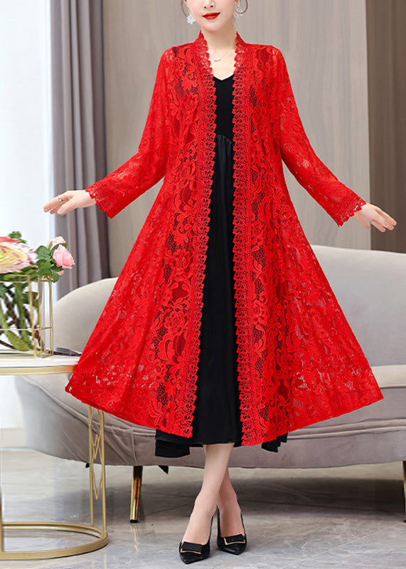 Red V Neck Long Lace Sunscreen Cardigan Summer