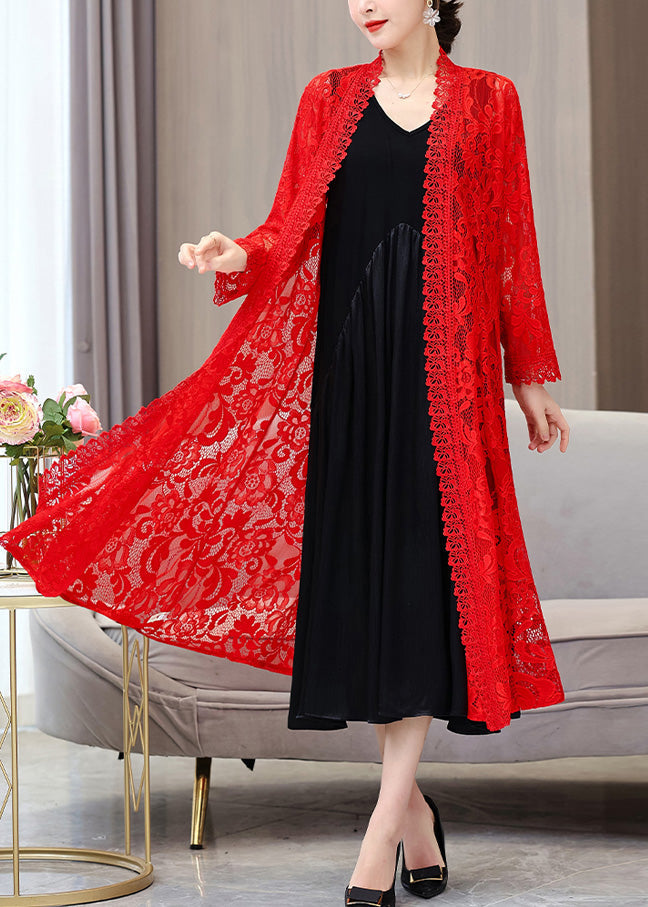 Red V Neck Long Lace Sunscreen Cardigan Summer