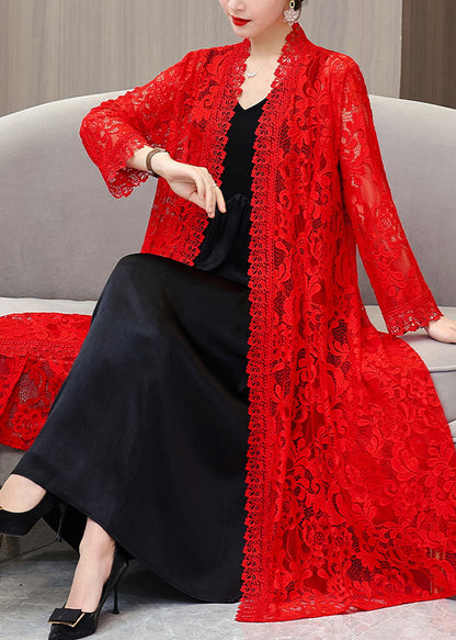 Red V Neck Long Lace Sunscreen Cardigan Summer