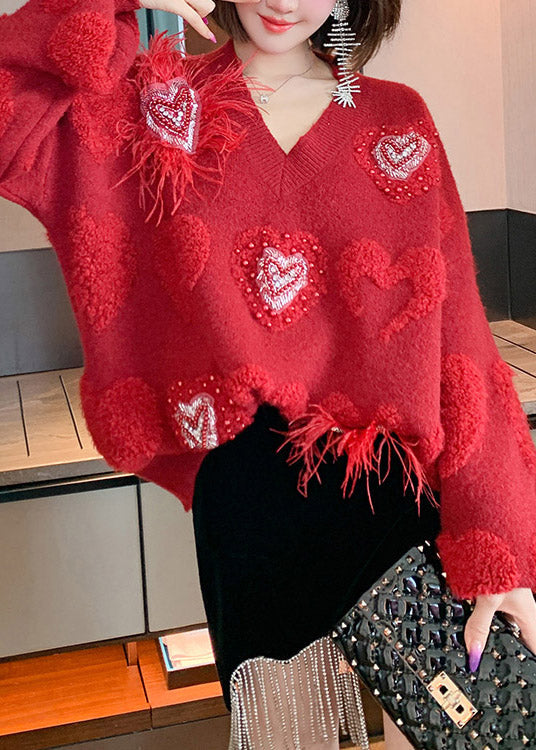 Red V Neck Loving Heart Nail Bead Thick Knit Sweater Fall