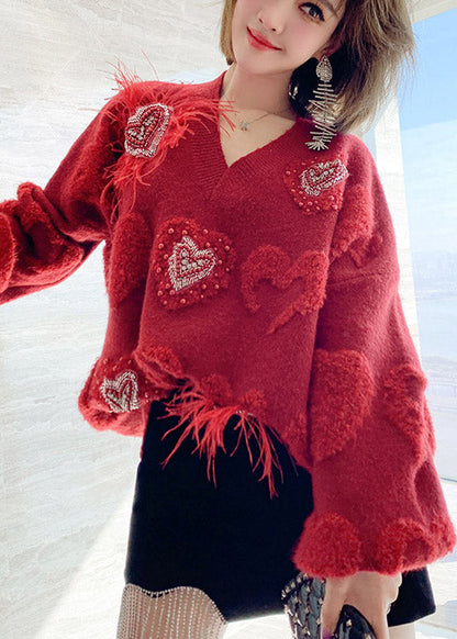 Red V Neck Loving Heart Nail Bead Thick Knit Sweater Fall