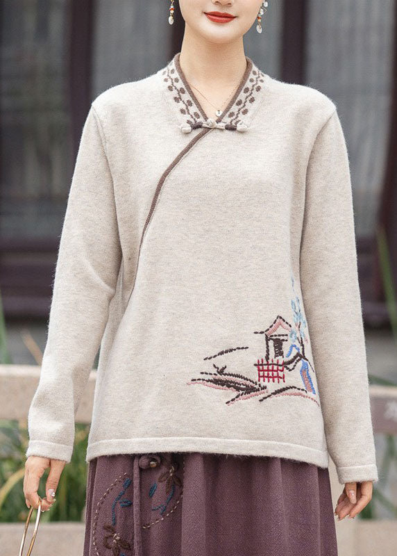 Red V Neck Oriental Button Embroideried Knit Tops Winter