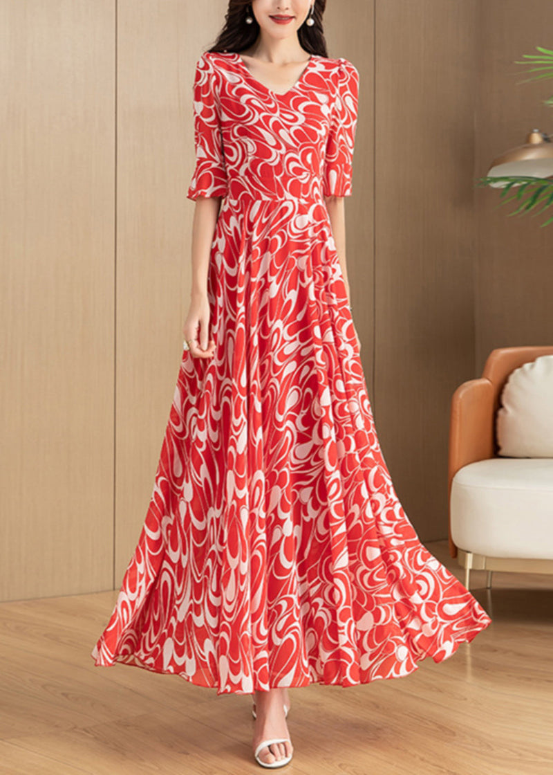 Red V Neck Print Chiffon Long Dress Summer